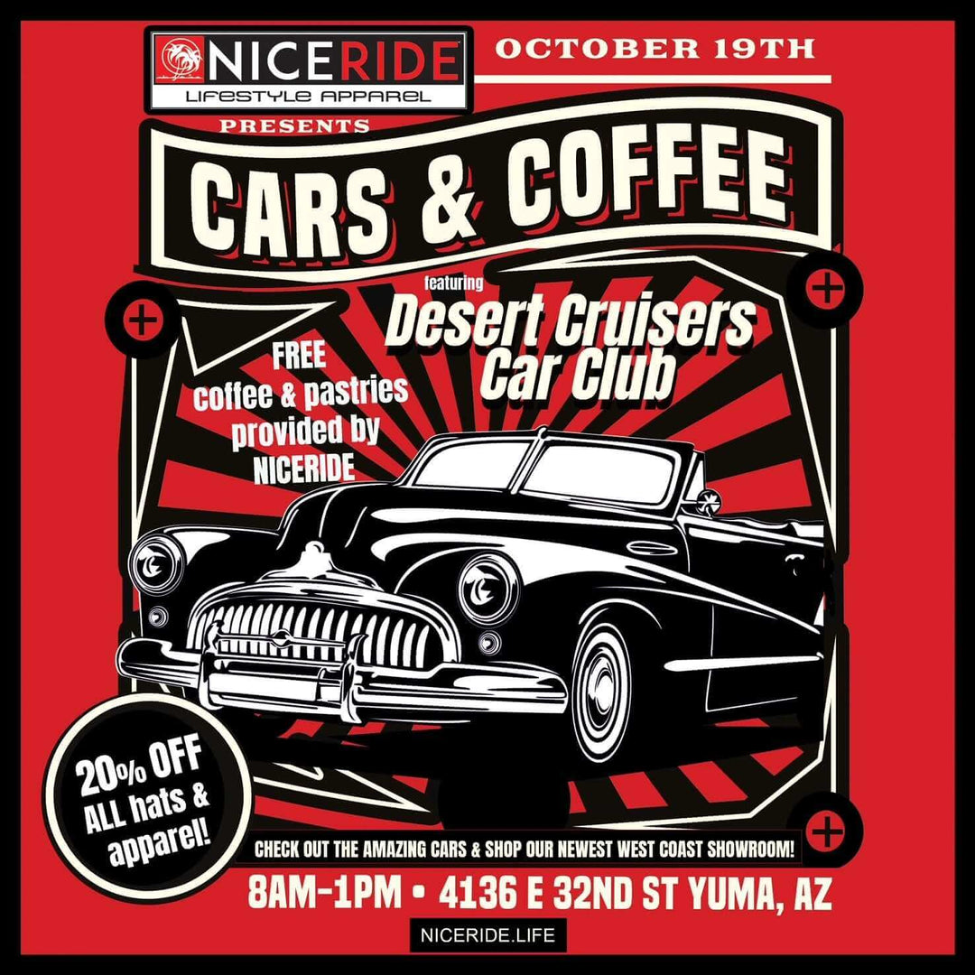 NICERIDE Presents Our Cars & Coffee Event with classic car illustration and event details.