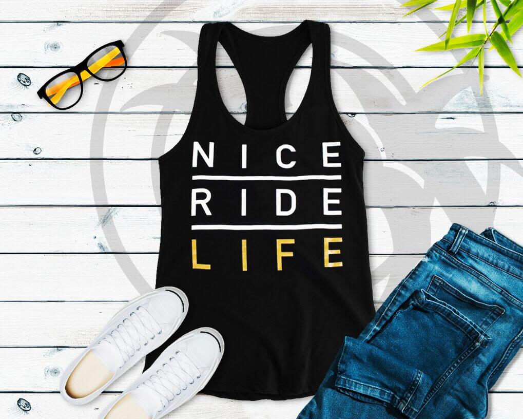 Tank top from NICERIDE, black with stylish text, alongside sunglasses and shoes on a wooden surface.