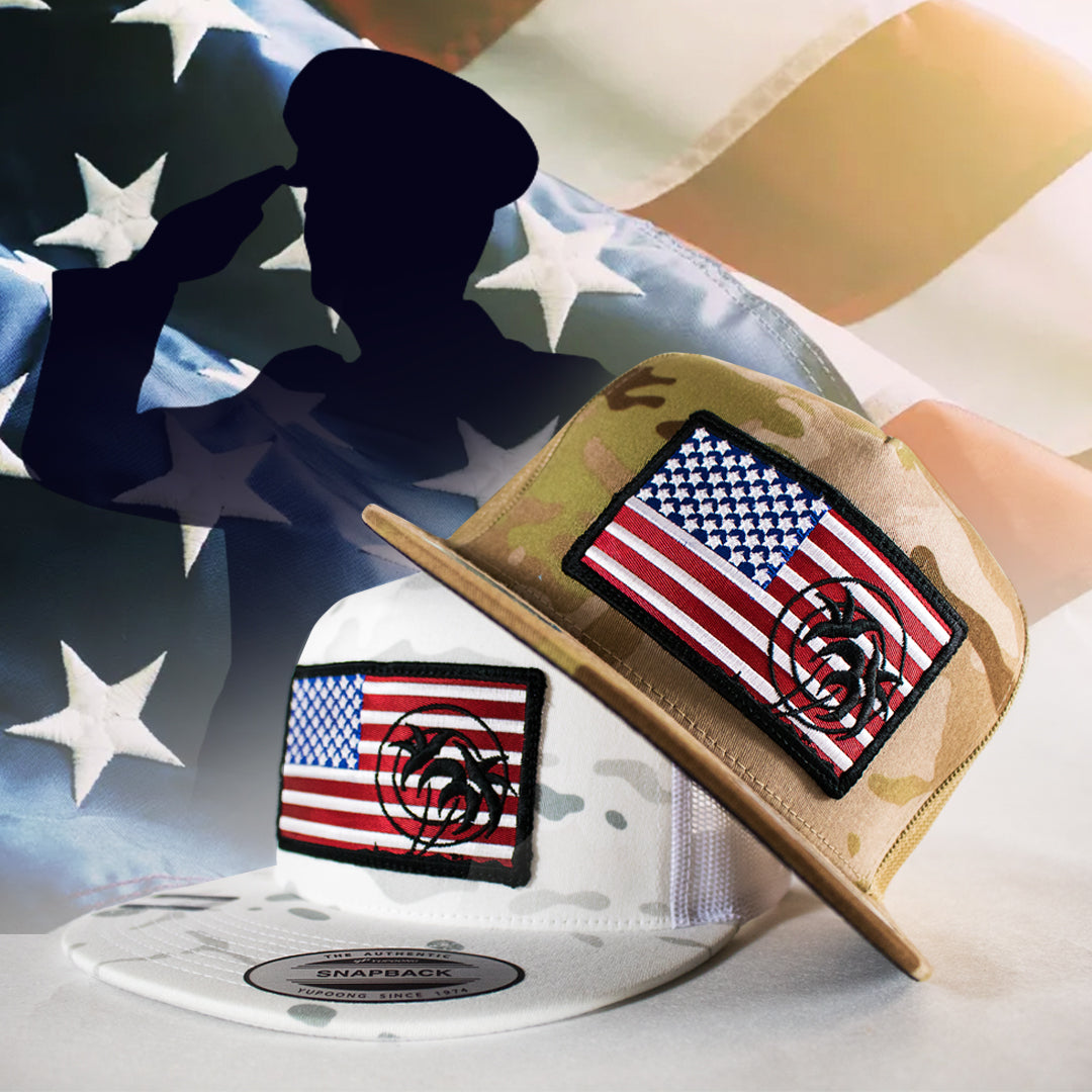 Hero caps featuring American flag designs, symbolizing patriotism and honoring heroes in style.