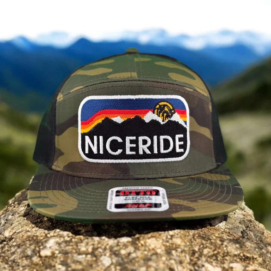 Niceride embroidered 7 panel hats showcasing a bold design and premium fit with camo pattern.