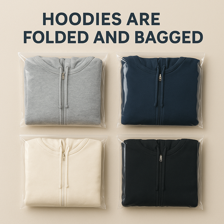 Folded and bagged comfortable unisex black hoodie in gray, navy, cream, and black colors.
