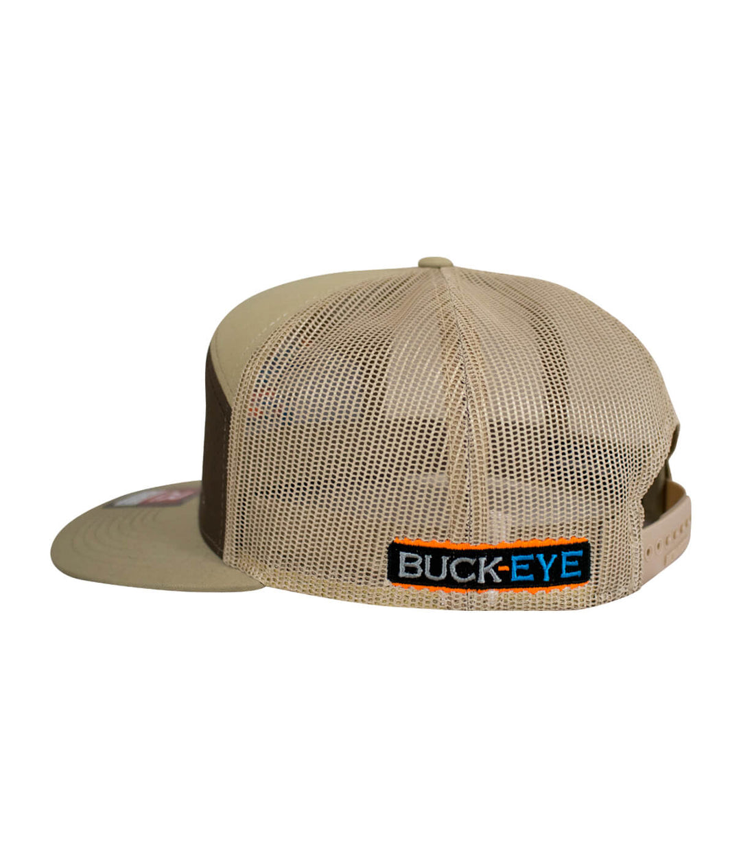 Back view of the Buck-Eye 7 Panel Trucker Hat featuring a mesh design and embroidered Buck-Eye logo.
