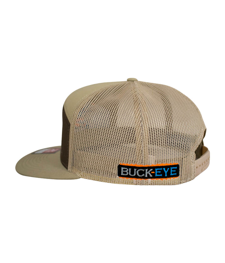 Back view of the Buck-Eye 7 Panel Trucker Hat featuring a mesh design and embroidered Buck-Eye logo.
