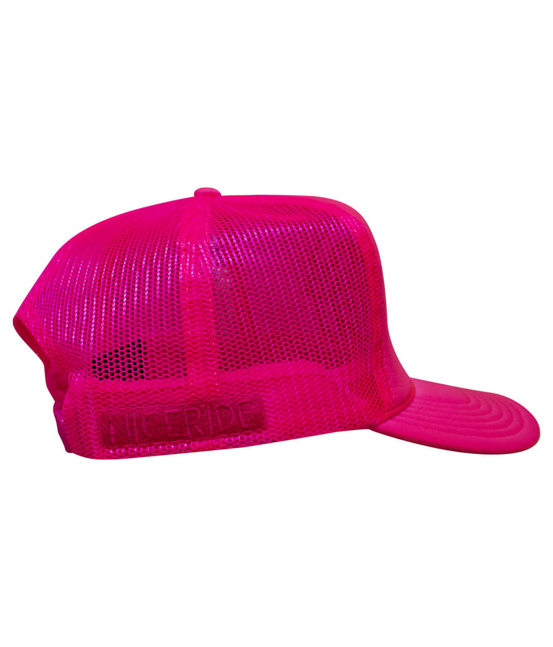 Hot Foam Foam Trucker Hat showing a vibrant pink color and mesh back, featuring NICERIDE logo, perfect hat for summer.
