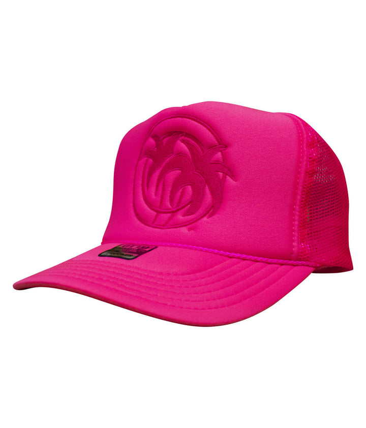 Hot Foam Foam Trucker Hat in vibrant pink color with embossed logo, perfect for stylish summer wear. Hat offered by NICERIDE.