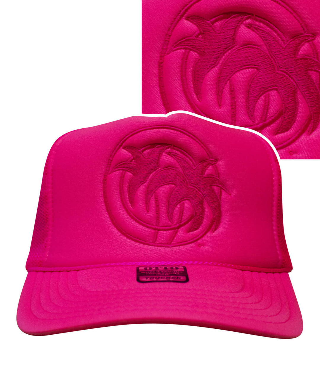 Hot Foam Foam Trucker Hat in bright pink with embroidered logo on front, designed and made in the USA.
