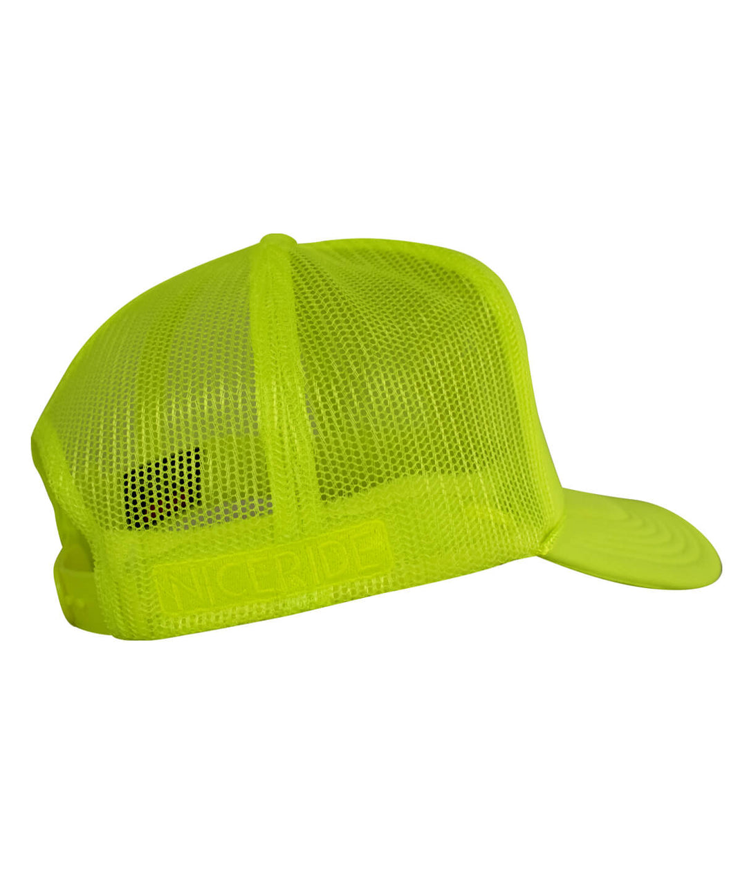 Hot Foam Foam Trucker Hat in neon yellow with NICERIDE logo on the mesh side and classic design.