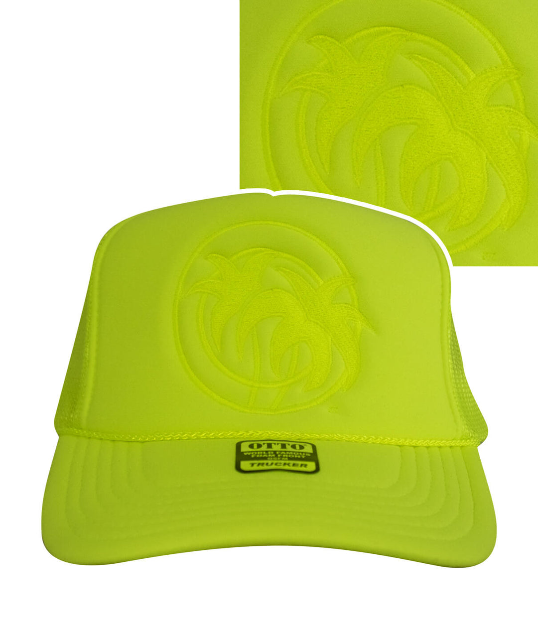 Hot Foam Foam Trucker Hat in neon yellow with NICERIDE logo embroidered on front panel.