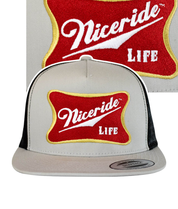 Biscuit Trucker Hat with NICERIDE logo embroidery, a stylish hat ideal for casual wear.