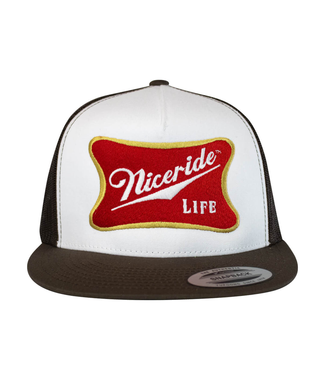 Biscuit Trucker Hat by NICERIDE featuring embroidered design and palm logo, perfect baseball hat for outdoor style.