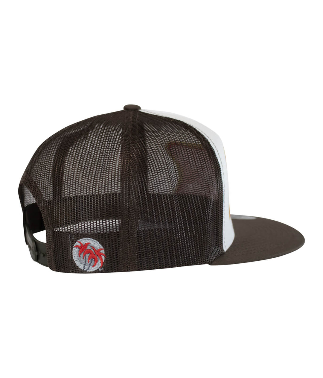 Back view of the Biscuit Trucker Hat showing black palm logo on the right side of the hat.