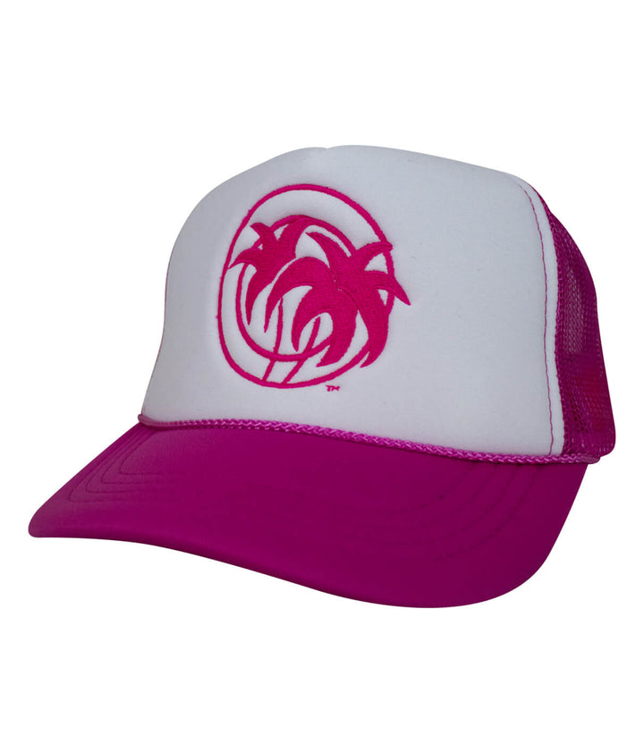 Youth foam trucker hat with pink palm tree logo on front and pink visor.