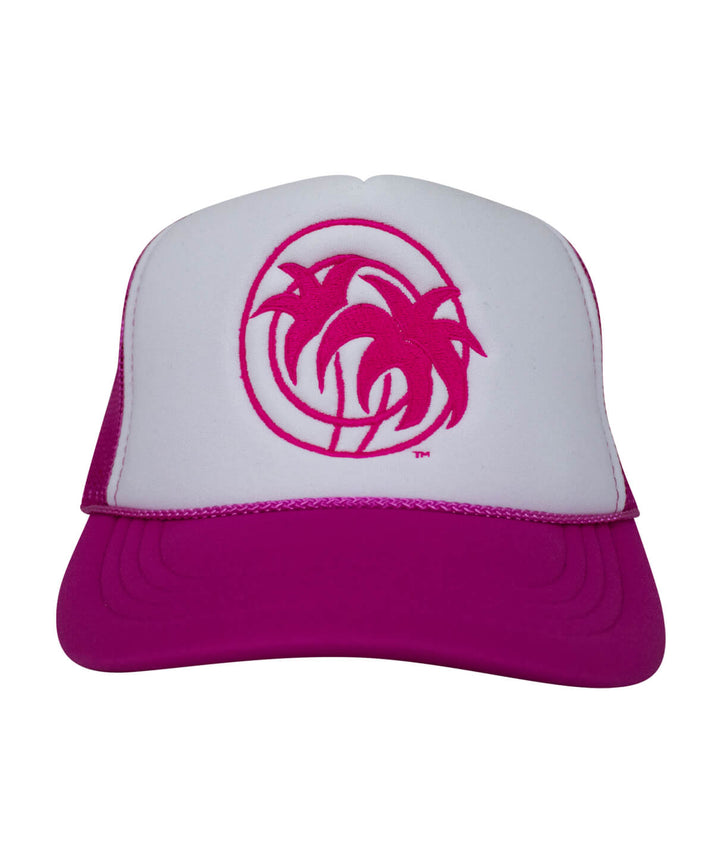 Youth foam trucker hat with pink palm tree logo on the front and pink brim.