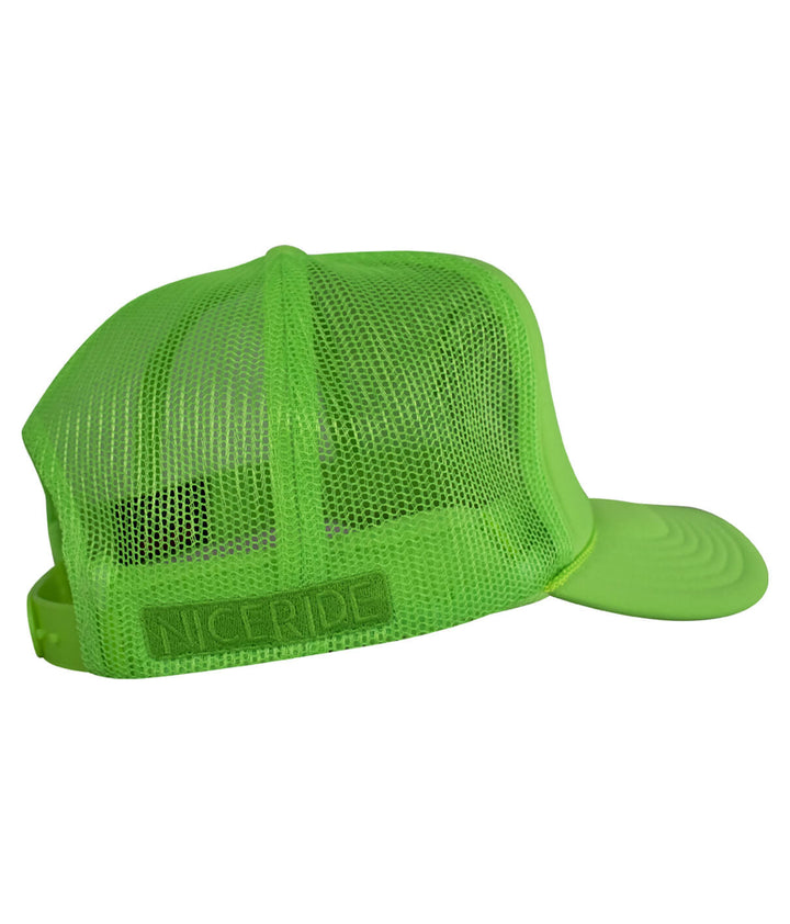 Hot Foam Foam Trucker Hat in bright green with NICERIDE logo, featuring a mesh back and curved visor, perfect hat for outdoor wear.