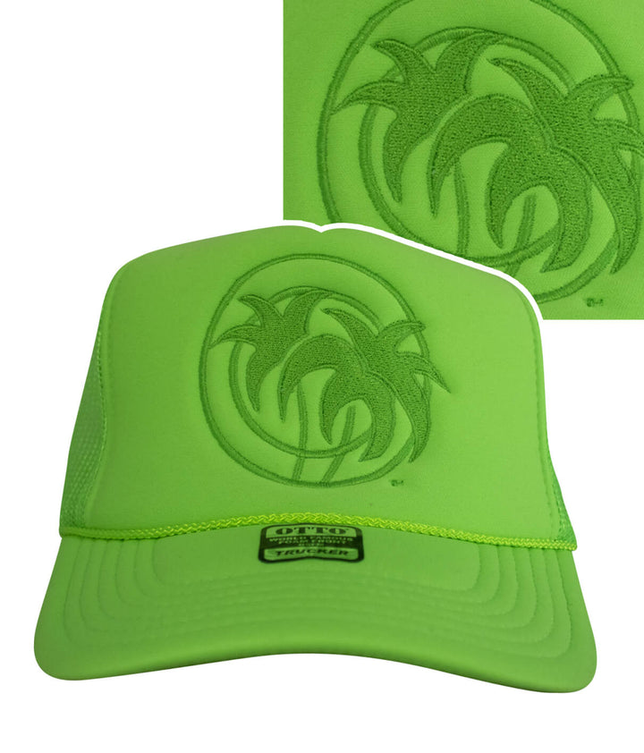Hot Foam Foam Trucker Hat in bright green with embroidered logo, perfect for casual wear, showcasing the hat&