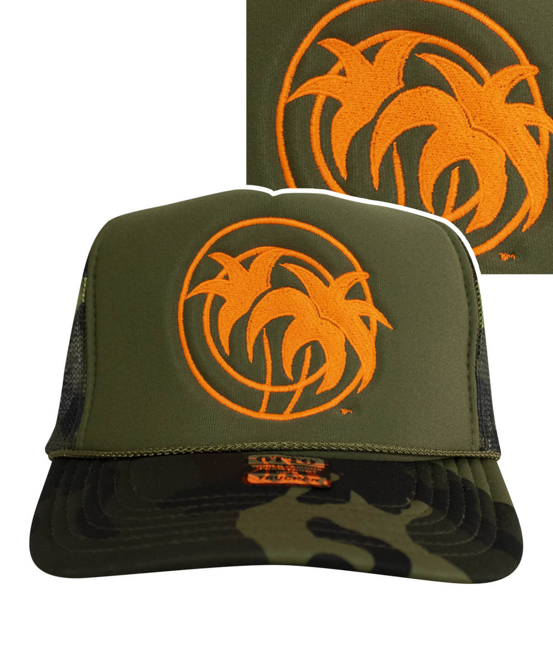 Hot Foam hat with orange logo on olive green fabric, featuring a trucker style and a camo print brim.