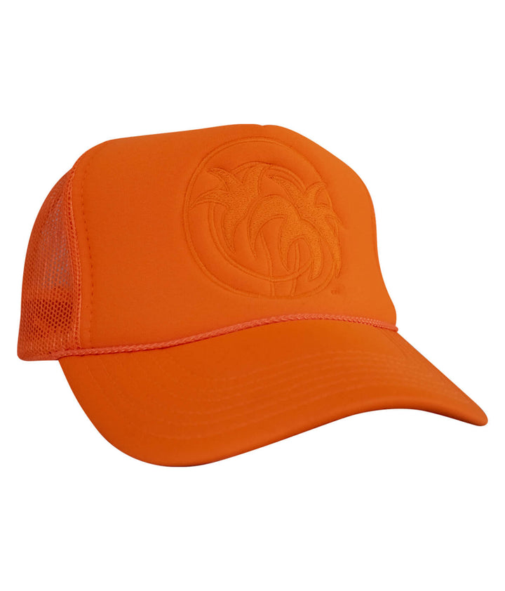 Hot Foam Foam Trucker Hat in bright orange color with embroidered palm logo on front panel, perfect summer hat.
