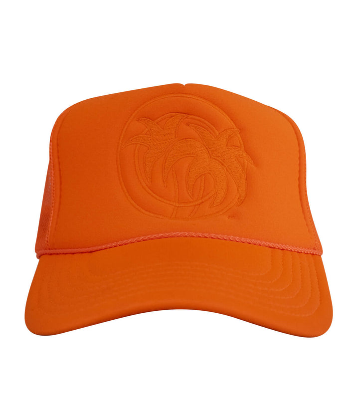 Hot Foam foam trucker hat in bright orange with embroidered palm logo, perfect summer accessory.
