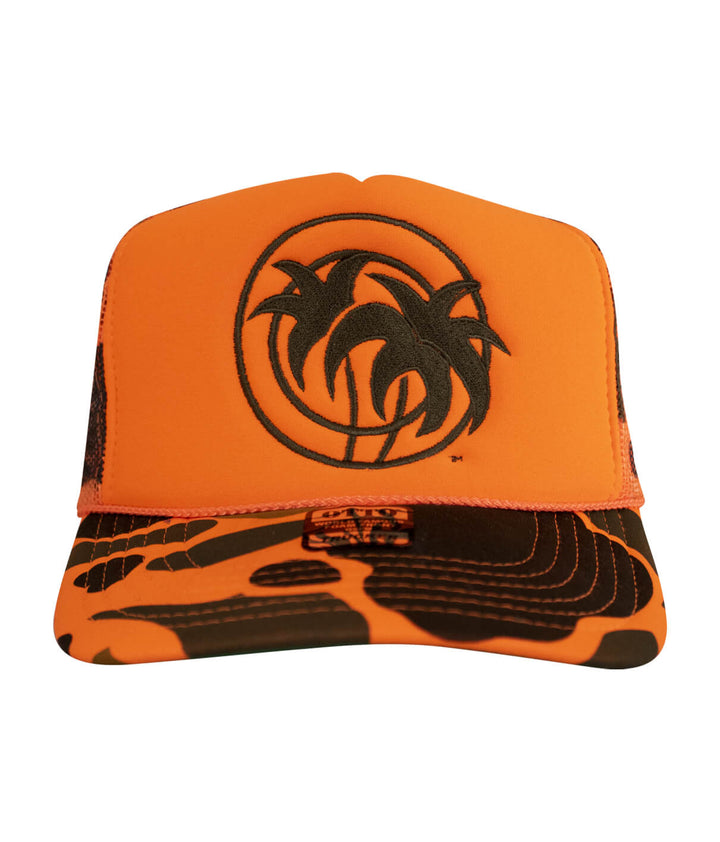 Hot Foam trucker hat in orange featuring NICERIDE logo and palm graphic design.