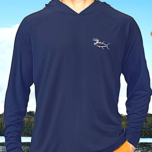 Unisex NICERIDE Buck-Eye UV-Protecting Long Sleeve Hooded Shirt in navy, perfect for outdoor activities.
