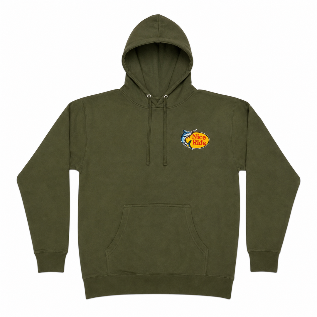NICERIDE Top Water Pullover Hoodie in olive green with fishing logo, perfect for outdoor enthusiasts.