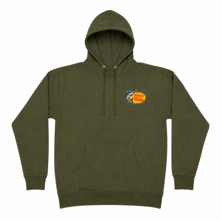 NICERIDE Top Water Pullover Hoodie in olive green with fishing logo, perfect for outdoor enthusiasts.