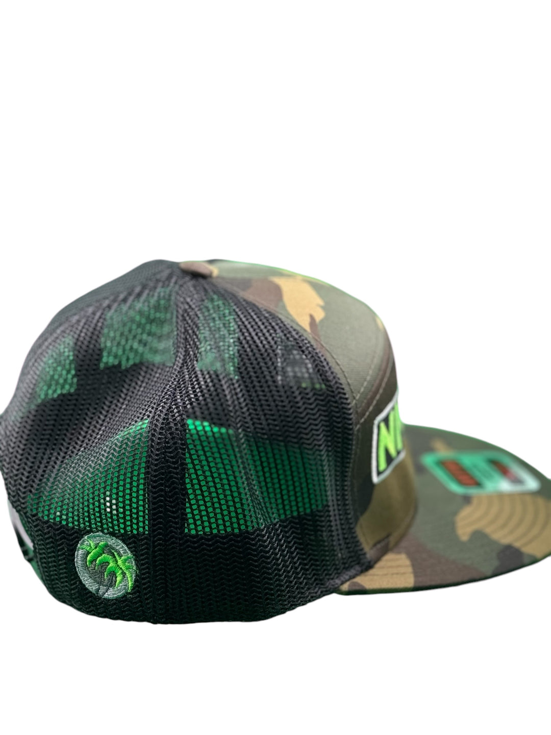 Back view of a camo cap featuring a green logo and mesh panels for breathability.