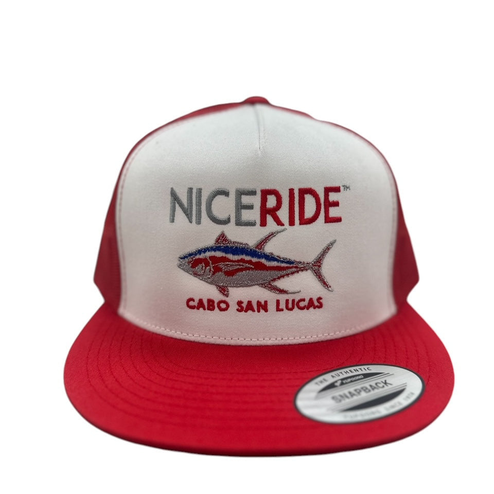 NICERIDE Sorry Charlie Cabo Classic Snapback Trucker Hat with red accents and fishing design.