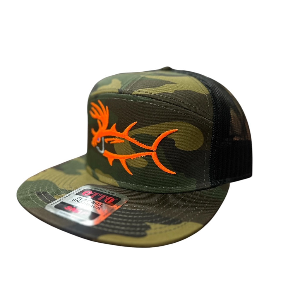 NICERIDE Buck-Eye 3-D 7-Panel Trucker Hat in camo with orange embroidery, unisex snapback cap for men and women.
