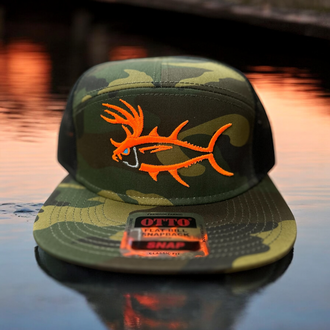 Buck-Eye 3-D 7-Panel Trucker Hat with orange fish embroidery on camo background.