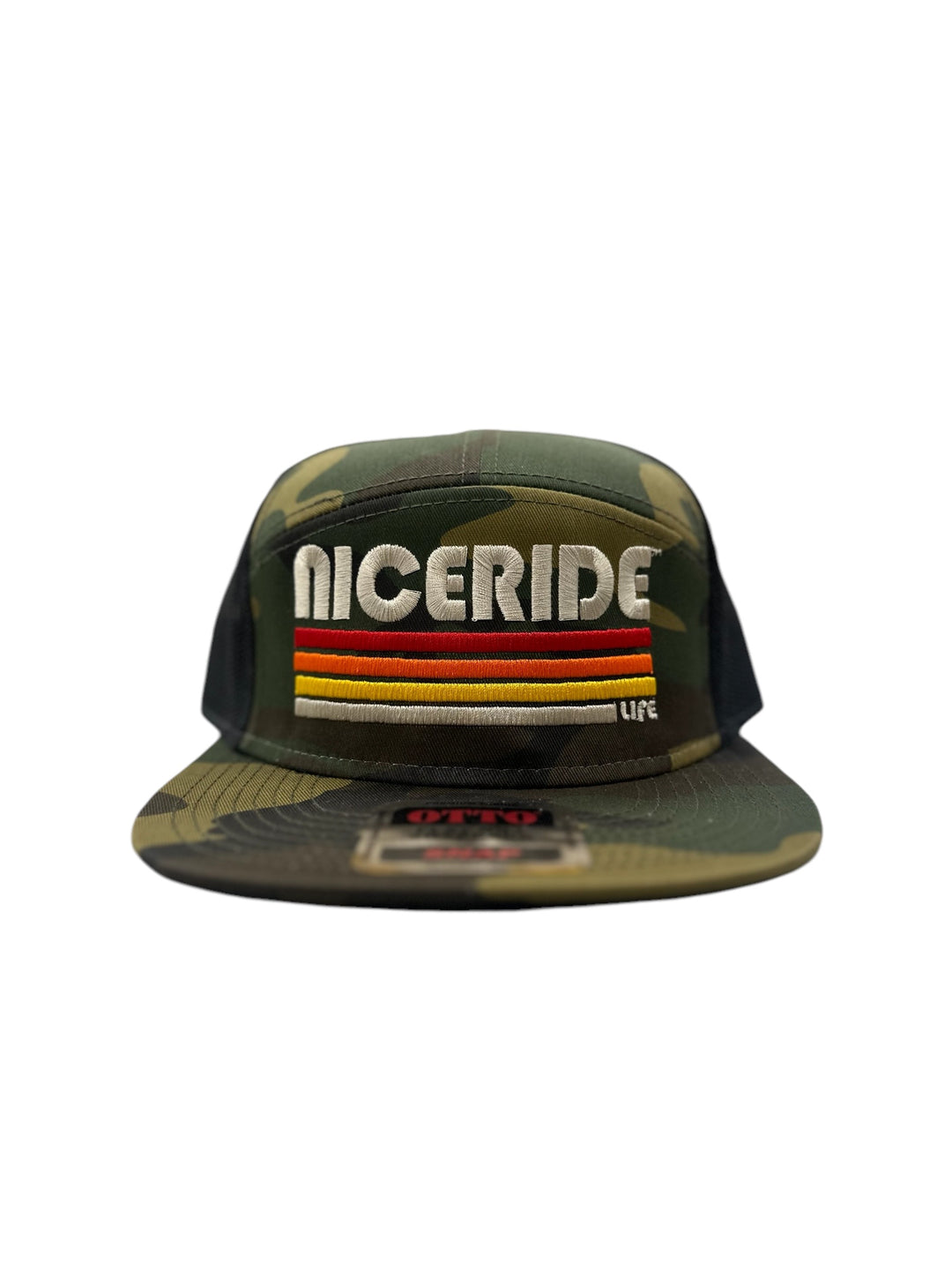 Trucker hat featuring NICERIDE design in camouflage with embroidered stripes and logo on the front.
