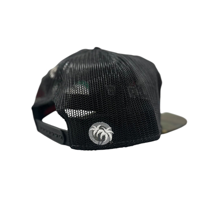 Back view of NICERIDE Otto 7 Panel Snapback Hat showing mesh design and embroidered palm logo.