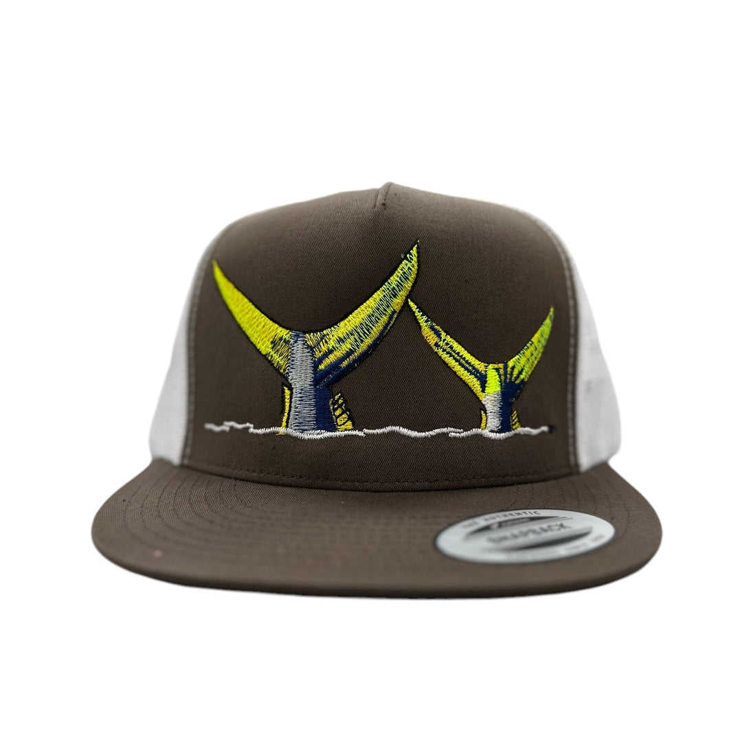 NICERIDE Tall Tails unisex trucker hat featuring embroidered whale tail design, classic snapback style.