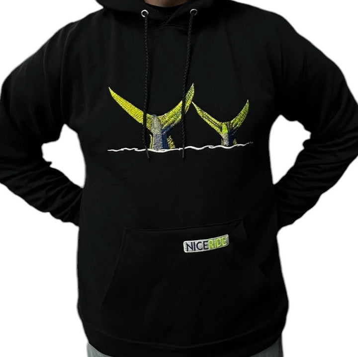 Unisex black pullover hoodie featuring embroidered "NiceRide" logo and tail design on chest.