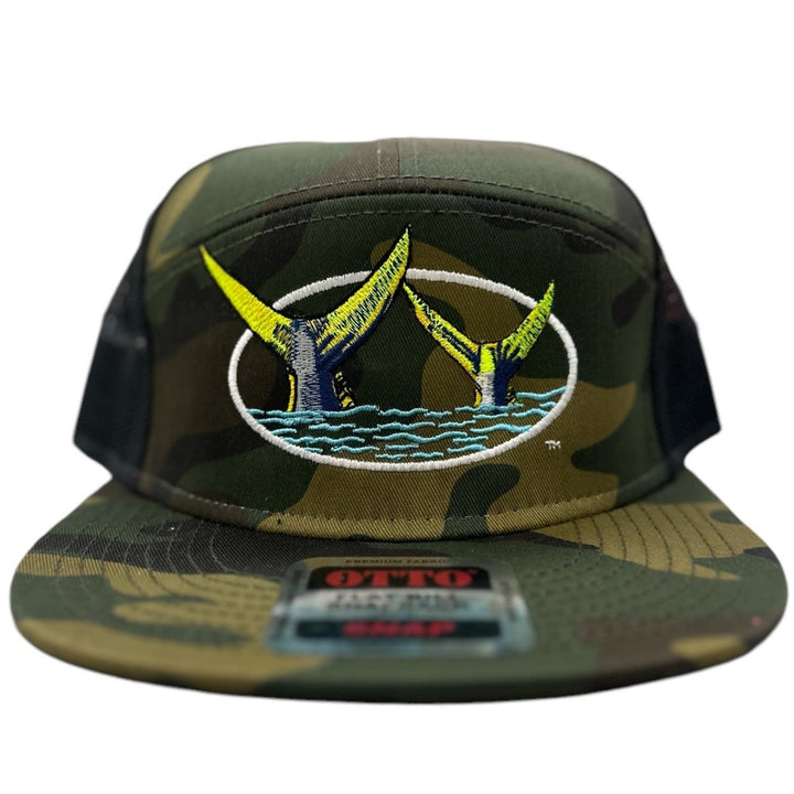 Camo and black unisex 7 panel trucker hat with "Ring Tails" design and NICERIDE logo, perfect for outdoor activities.