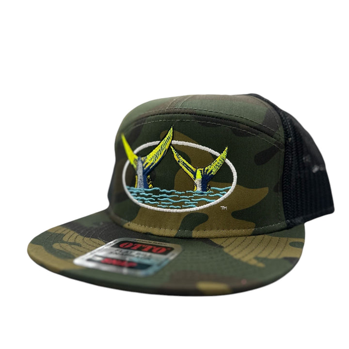 Ring Tails Otto 7 Panel Trucker Hat in Camo/Black with embroidered design and mesh back.