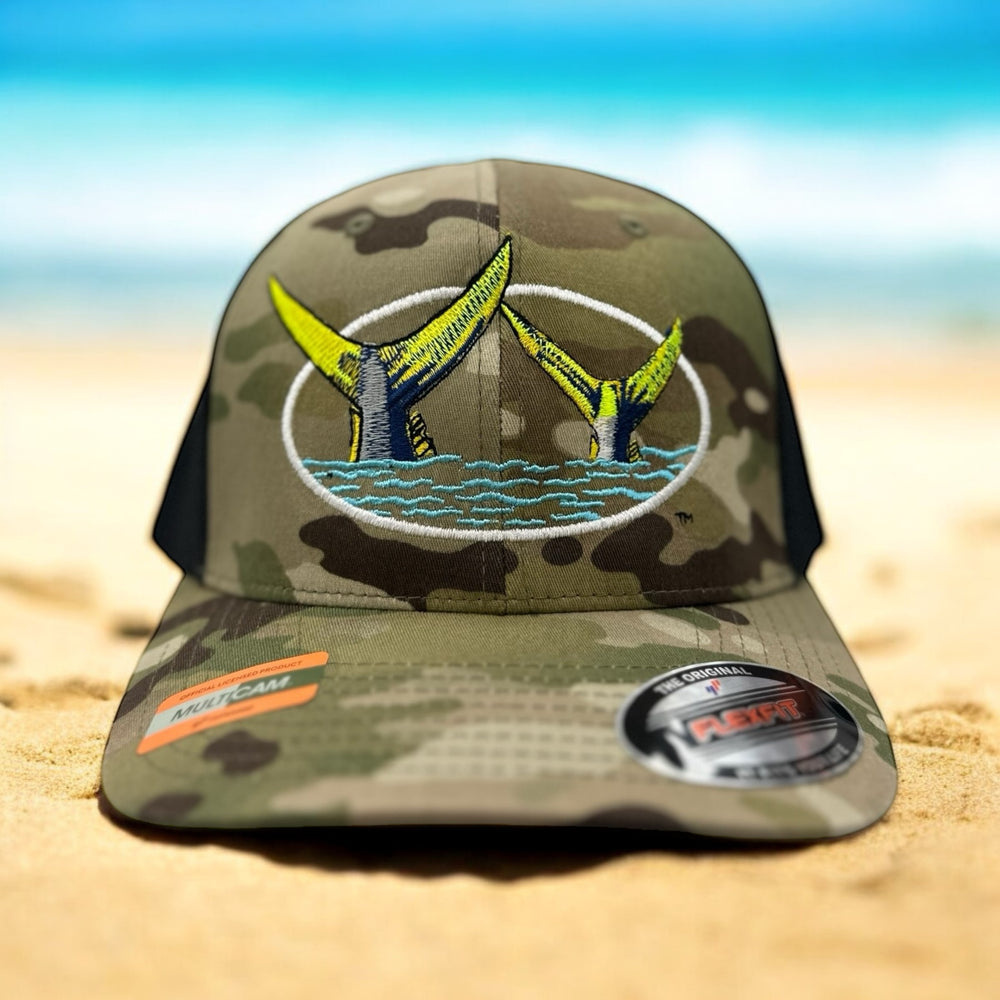NICERIDE 6511 Multi Cam Trucker Hat featuring the 'Ring Tails' logo on a beach background.
