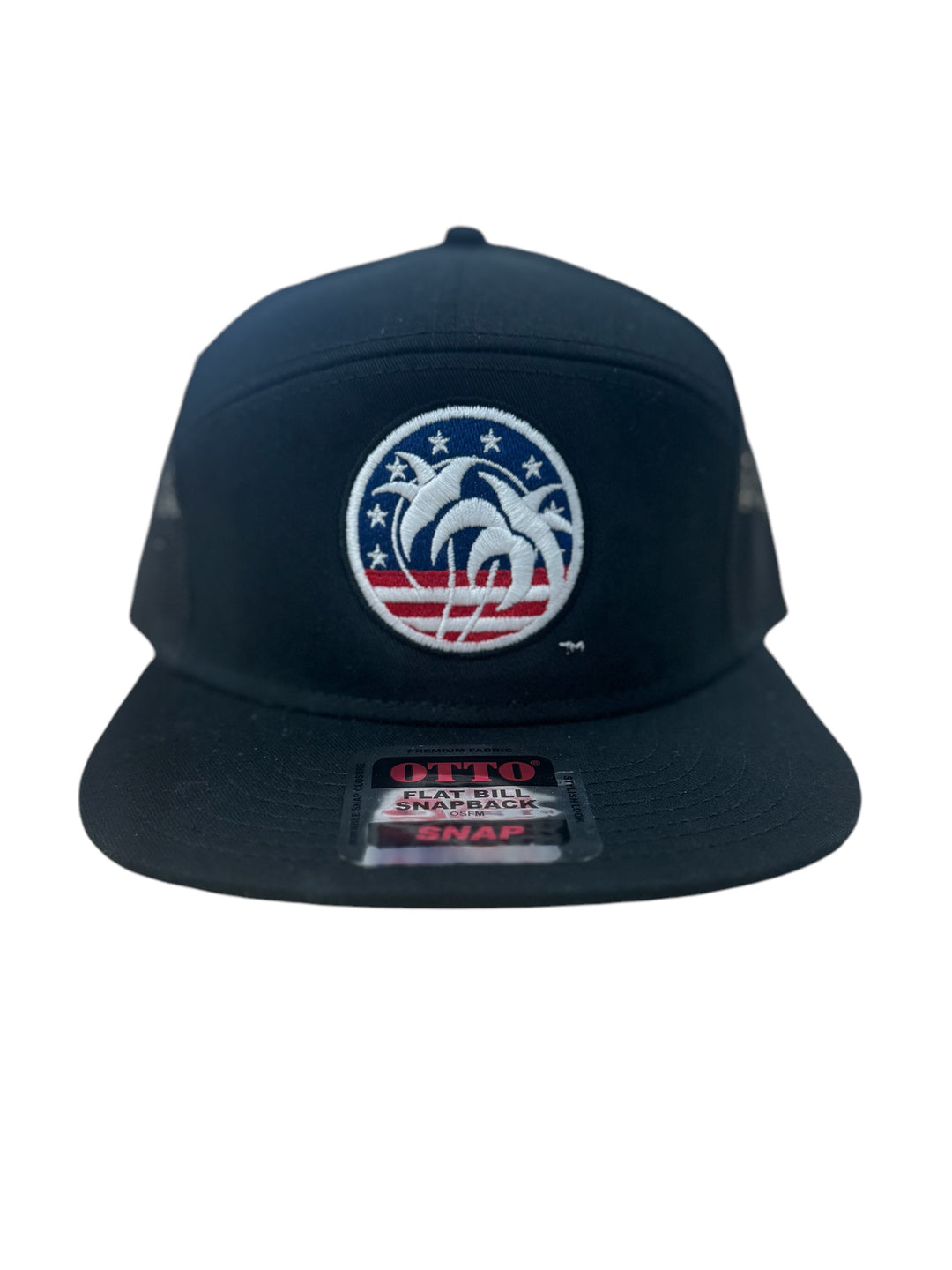 Black OTTO unisex trucker hat featuring embroidered palm and star design, perfect for stylish outdoor wear.