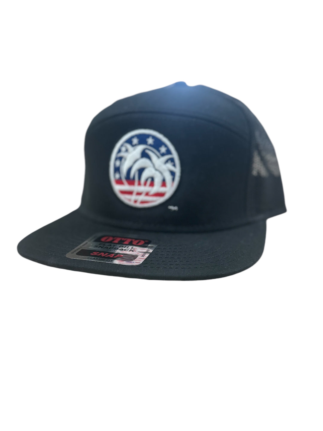 Black OTTO unisex 7 panel trucker hat with palm tree and stars embroidery design.