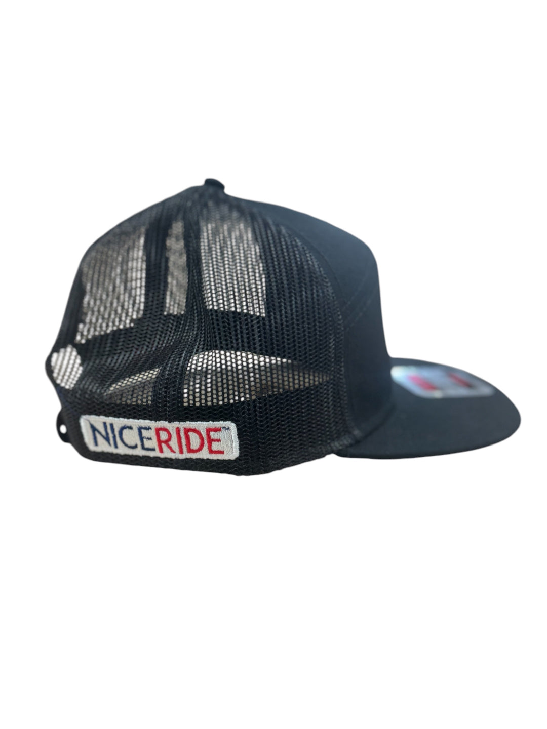 Black OTTO unisex 7 panel trucker hat with NICERIDE logo on the back and mesh panels for breathability.