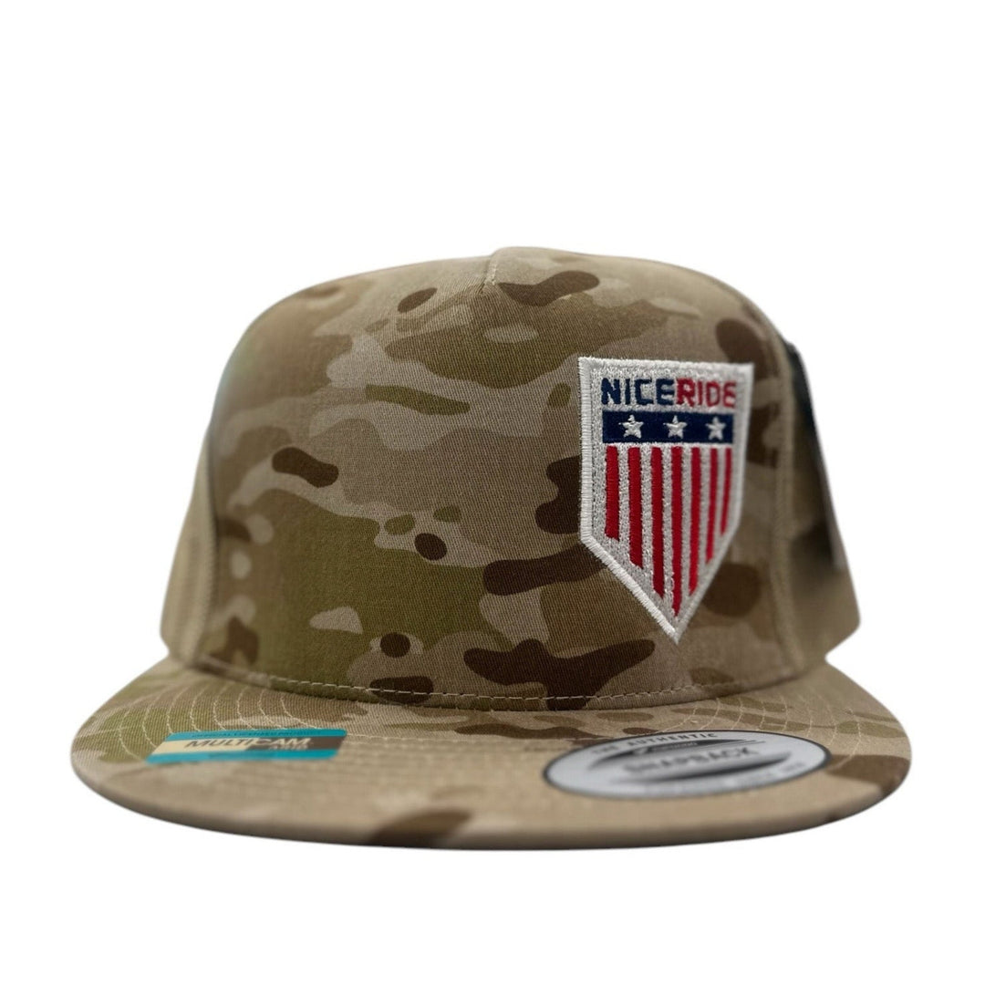 NICERIDE camo snapback trucker hat featuring embroidered badge for a stylish and durable look.