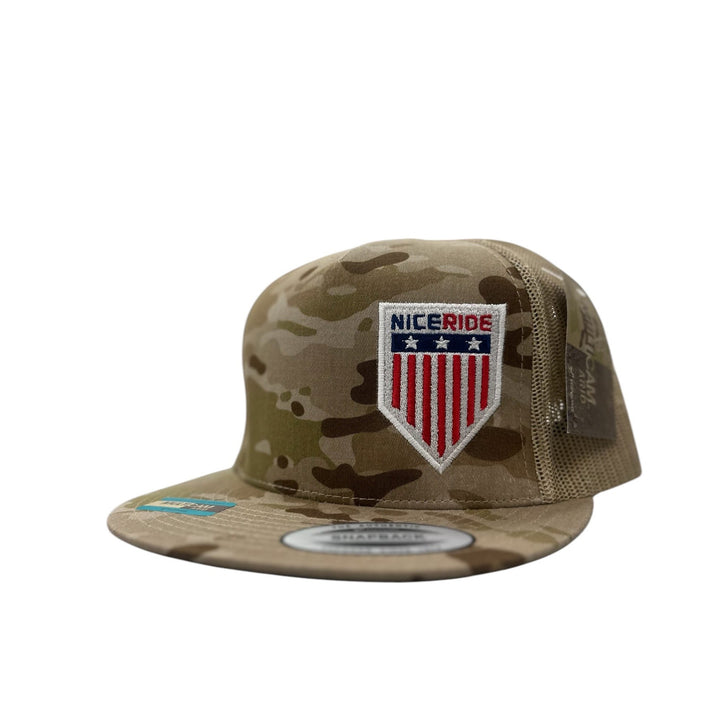 NICERIDE unisex adjustable camo trucker hat with embroidered logo and structured front design.