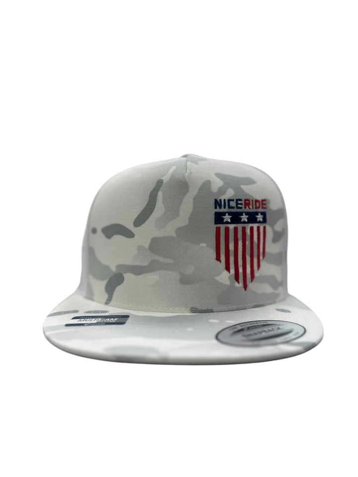 NICERIDE camo snapback trucker hat with embroidered logo and patriotic design.