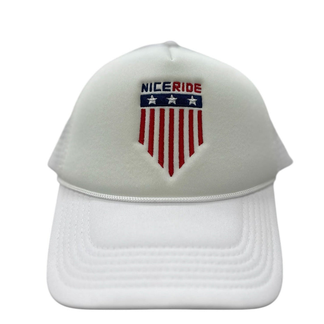 NICERIDE “Goal” Foam Trucker Hat with red and blue embroidered logo on a white snapback cap.