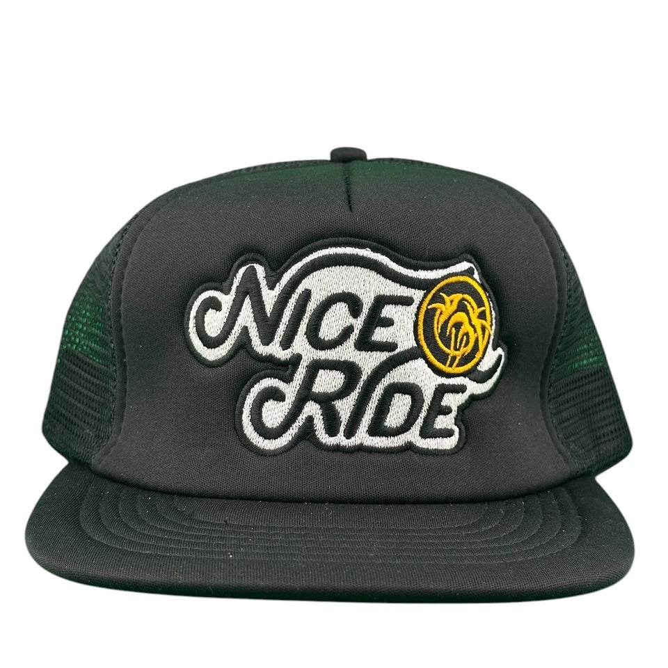 Wild West Foam Trucker Hat featuring NICERIDE logo embroidered on front and Gold Palm logo on back.