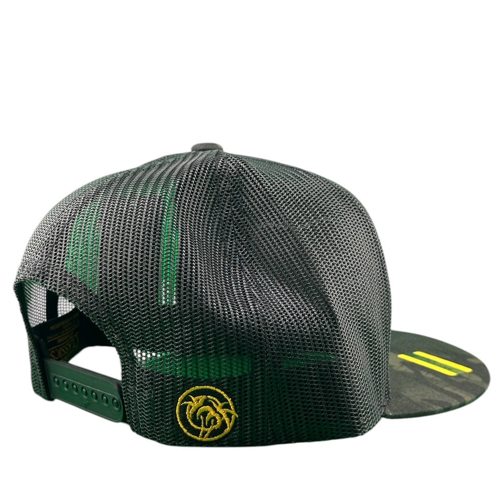 Back view of NICERIDE Wild West 6006 Black Camo Trucker Hat showcasing mesh design and yellow logo.