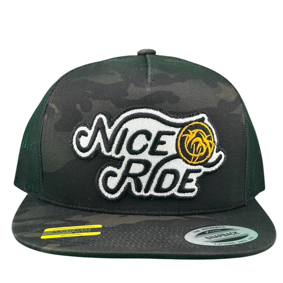 NICERIDE Wild West 6006 Black Camo Trucker Hat with embroidered logo, stylish snapback design.