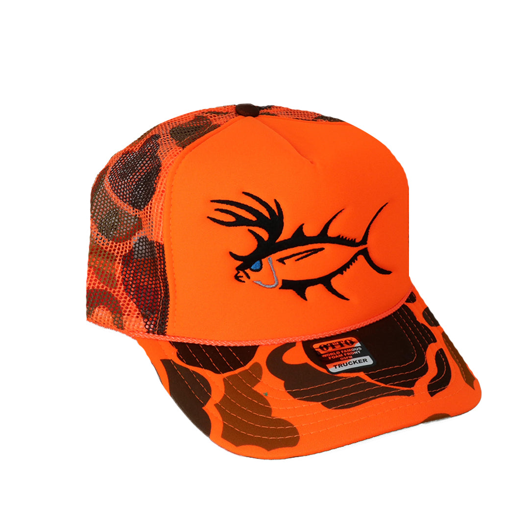 Bold orange trucker hat with fish logo and camouflage pattern, perfect for outdoor adventures.