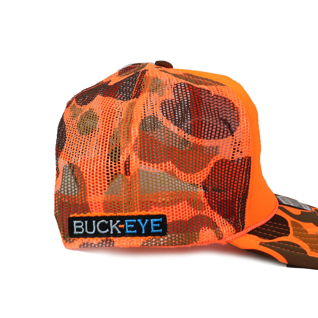 Back view of NICERIDE Buck-Eye 5-Panel Trucker Hat with mesh design and embroidered logo.