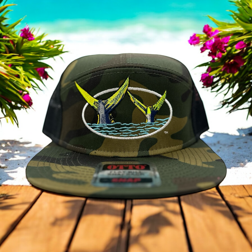 OTTO Snap 7 Panel Trucker Hat in Camo/Black featuring 'Ring Tails' design, perfect for outdoor activities and fishing.